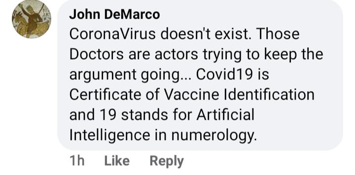 document - John DeMarco CoronaVirus doesn't exist. Those Doctors are actors trying to keep the argument going... Covid19 is Certificate of Vaccine Identification and 19 stands for Artificial Intelligence in numerology. 1h