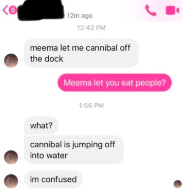 let me cannibal off the dock Meema let you eat people? what? cannibal is jumping off into water im confused