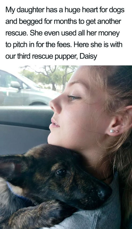 Dog - My daughter has a huge heart for dogs and begged for months to get another rescue. She even used all her money to pitch in for the fees. Here she is with our third rescue pupper, Daisy