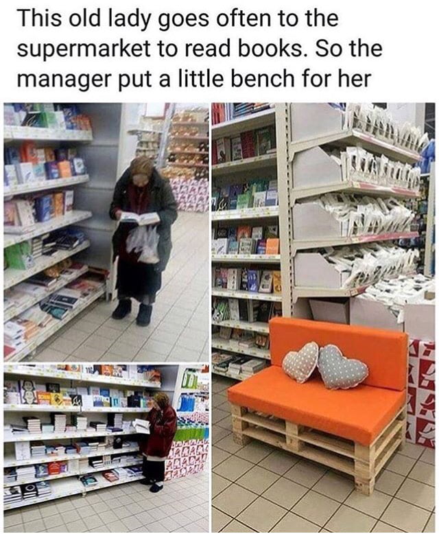 old lady going to supermarket to read books - This old lady goes often to the supermarket to read books. So the manager put a little bench for her Du Habari Hracat S.