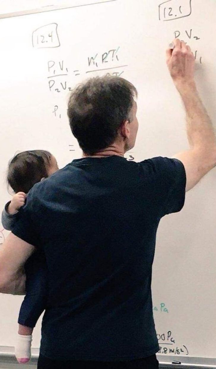 physic's teacher taking care of student's child during class