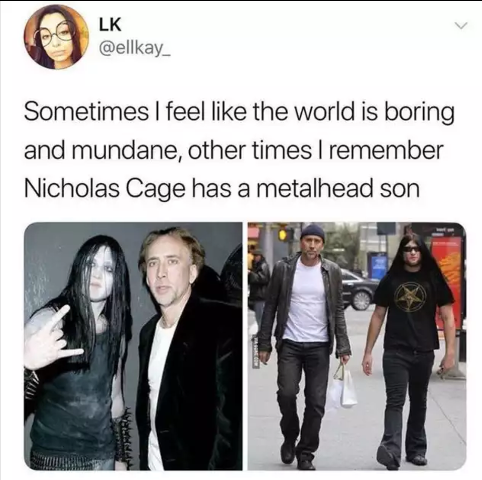 funny tweets - sometimes i feel like the world is boring and mundane - Lk Sometimes I feel the world is boring and mundane, other times I remember Nicholas Cage has a metalhead son Ter