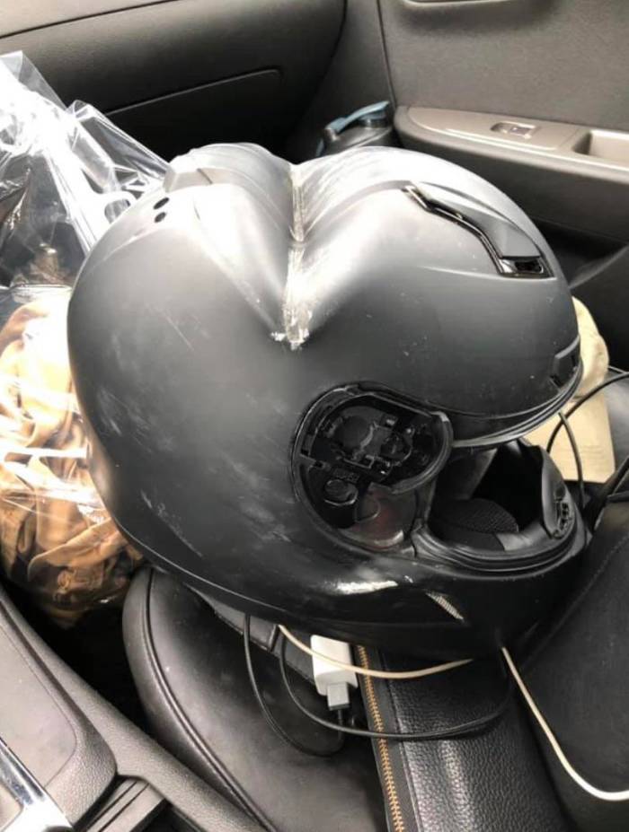 “The guy wearing this survived a motorcycle accident. This is why it is always important to wear a helmet, especially on fast vehicles.”