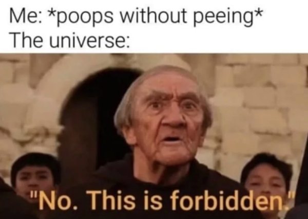 no this is forbidden meme - Me poops without peeing The universe "No. This is forbidden.