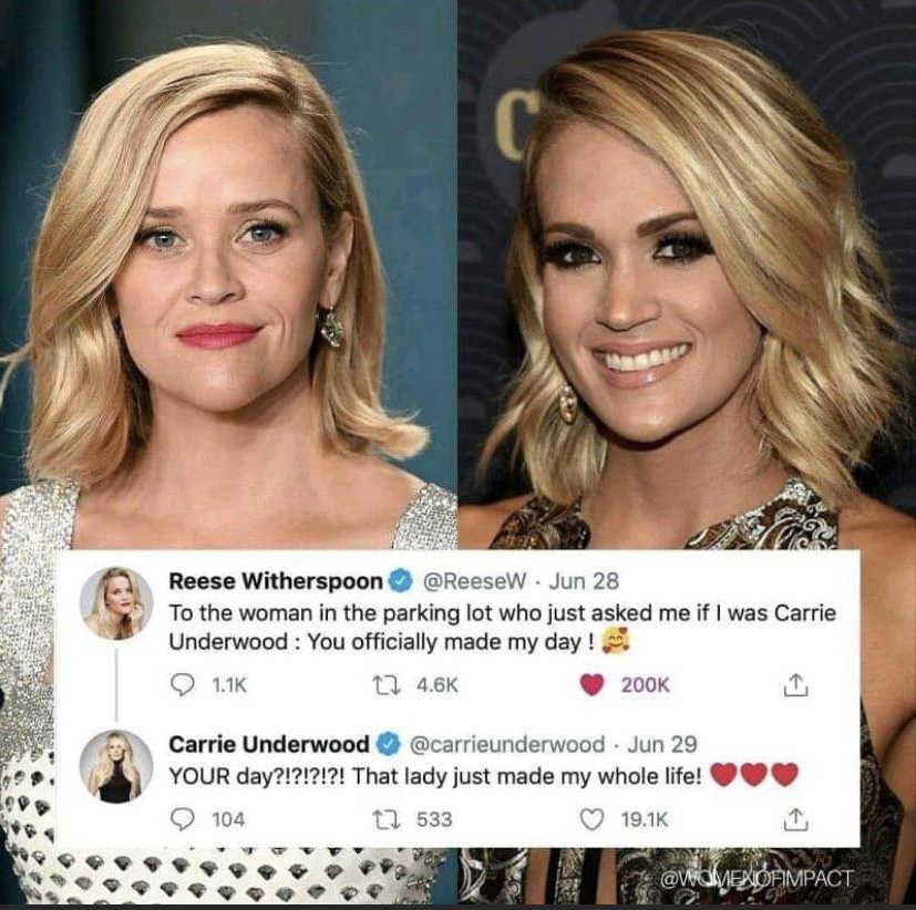 reese witherspoon quibi - C Reese Witherspoon . Jun 28 To the woman in the parking lot who just asked me if I was Carrie Underwood You officially made my day! Carrie Underwood Jun 29 Your day?!?!?!?! That lady just made my whole life! 104 12 533