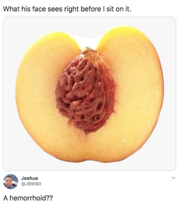 half peach - What his face sees right before I sit on it. Joshua A hemorrhoid??