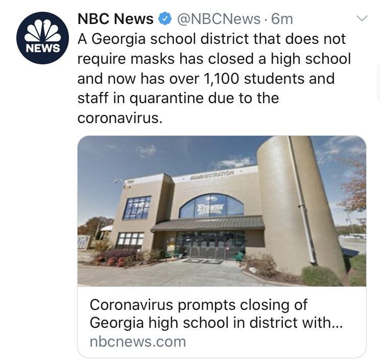 A Georgia school district that does not require masks has closed a high school and now has over 1,100 students and staff in quarantine due to the coronavirus.
