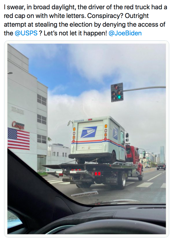 I swear, in broad daylight, the driver of the red truck had a red cap on with white letters. Conspiracy? Outright attempt at stealing the election by denying the access of the ? Let's not let it happen!