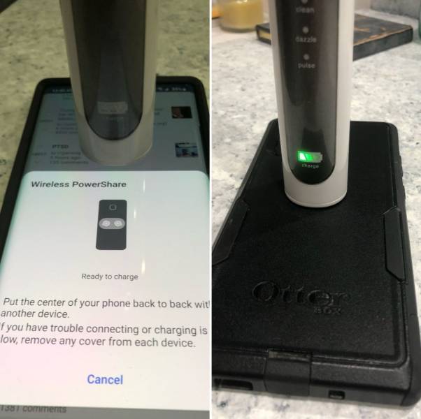 electronics - cara pulse Wireless Power Ready to charge Otto Put the center of your phone back to back wit another device "f you have trouble connecting or charging is low, remove any cover from each device. Cancel Tu