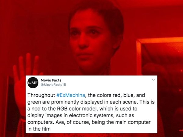 photo caption - Me Movie Facts Throughout , the colors red, blue, and green are prominently displayed in each scene. This is a nod to the Rgb color model, which is used to display images in electronic systems, such as computers. Ava, of course, being the 