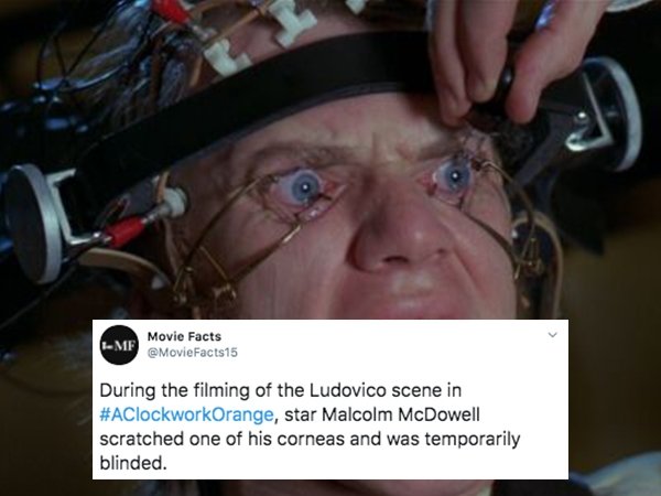 malcolm mcdowell orange clockwork - Movie Facts Mf During the filming of the Ludovico scene in , star Malcolm McDowell scratched one of his corneas and was temporarily blinded.