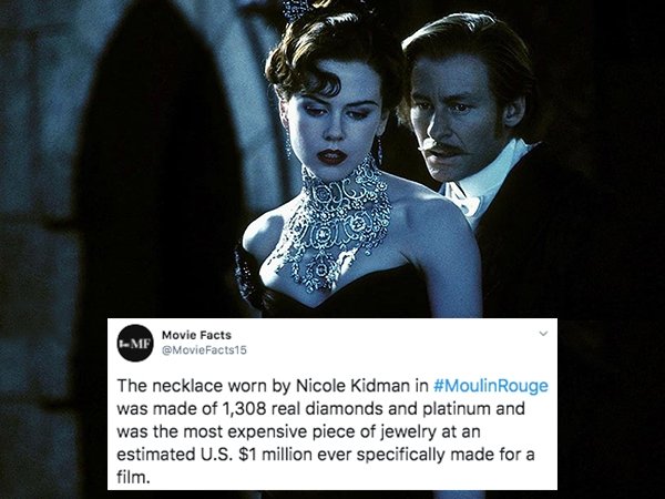 moulin rouge necklace - Movie Facts Me The necklace worn by Nicole Kidman in Rouge was made of 1,308 real diamonds and platinum and was the most expensive piece of jewelry at an estimated U.S. $1 million ever specifically made for a film.