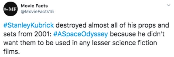 james gunn tweets rape - Movie Facts Mf Kubrick destroyed almost all of his props and sets from 2001 Odyssey because he didn't want them to be used in any lesser science fiction films.