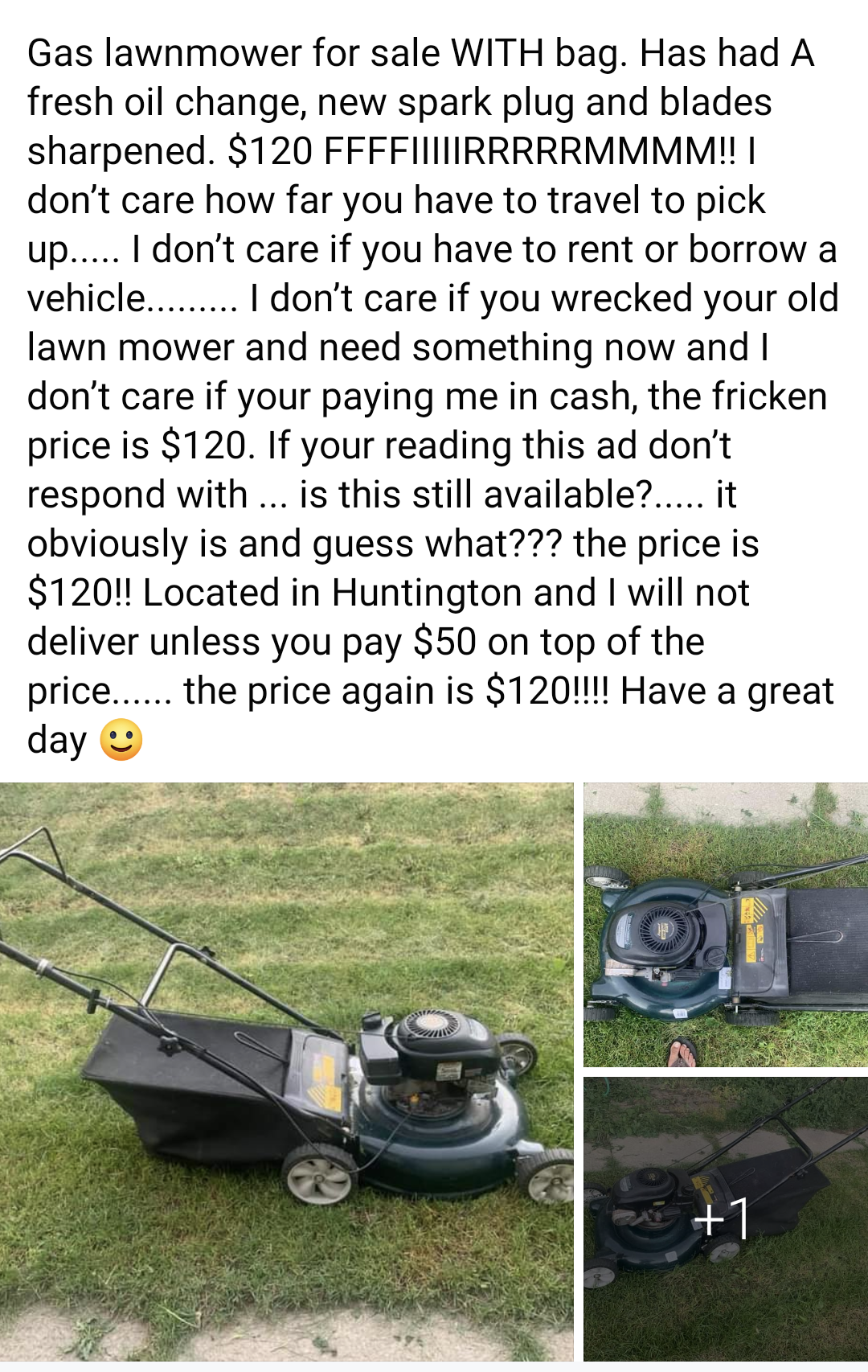 Gas lawnmower for sale With bag. Has had A fresh oil change, new spark plug and blades sharpened. $120 Ffffiirrrrrmmmm!!! don't care how far you have to travel to pick up.... I don't care if you have to rent or borrow a vehicle......... I don't ca