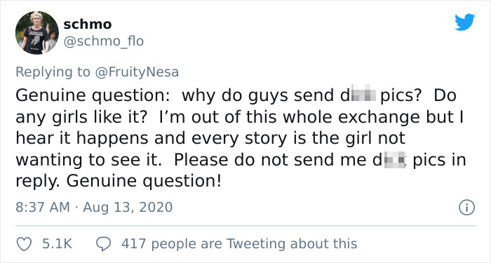 Genuine question why do guys send din pics? Do any girls it? I'm out of this whole exchange but I hear it happens and every story is the girl not wanting to see it. Please do not send me des pics in