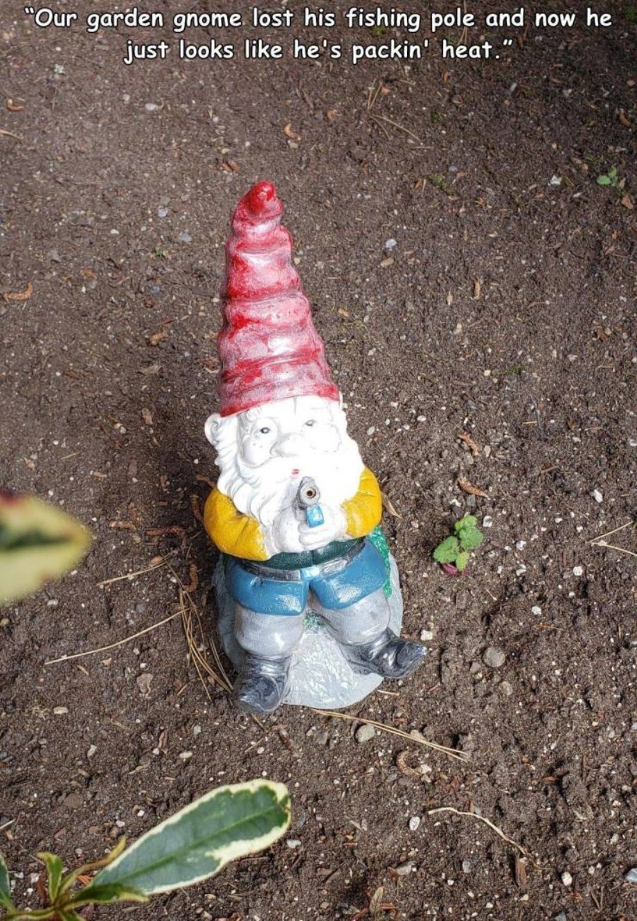 garden gnome - "Our garden gnome. lost his fishing pole and now he just looks he's packin' heat."