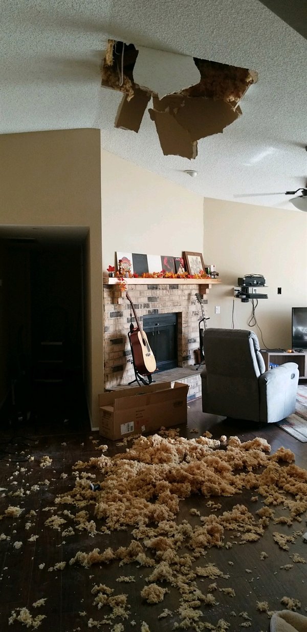 “I fell through my ceiling in my recently purchased home while trying to install some new lighting.”