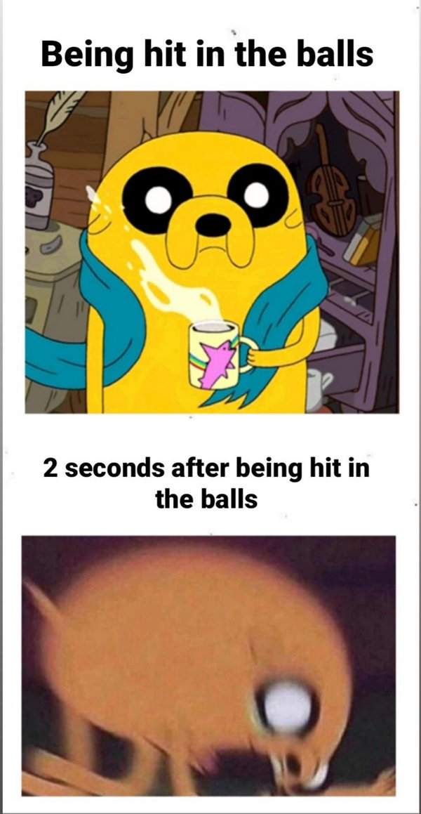 cartoon - Being hit in the balls 2 seconds after being hit in the balls