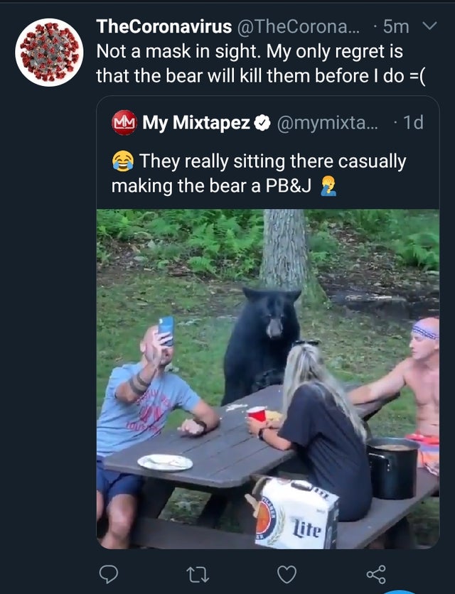 photo caption - TheCoronavirus ... .5m Not a mask in sight. My only regret is that the bear will kill them before I do My My Mixtapez ... 1d They really sitting there casually making the bear a Pb&J lite