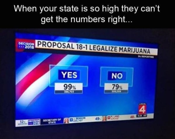display device - When your state is so high they can't get the numbers right... Decision Proposal 181 Legalize Marijuana 2018 Yes 99% No 79% 301 203.832 4 49 12 Deciso Secretary Of State