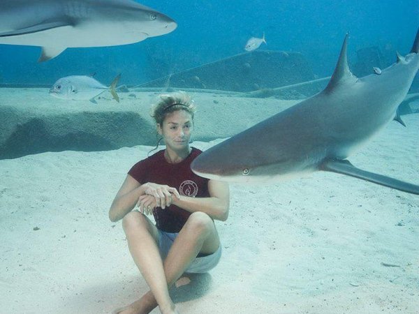 woman hanging out with shark underwater