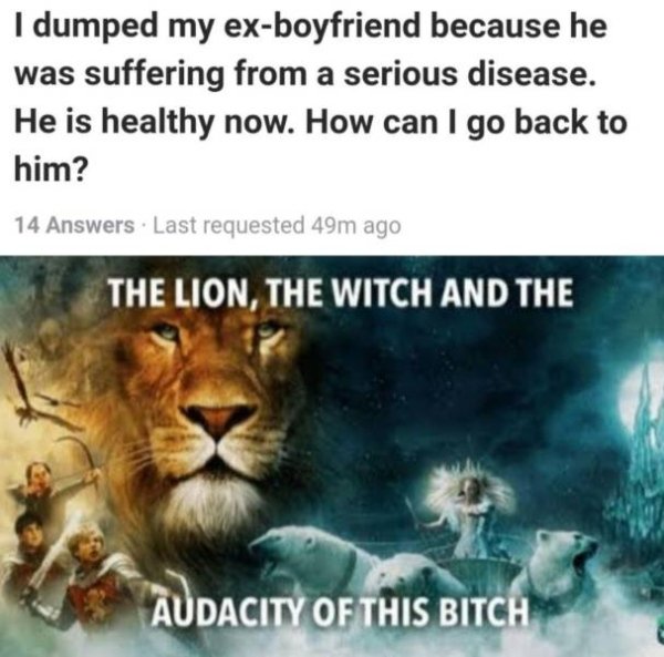 I dumped my exboyfriend because he was suffering from a serious disease. He is healthy now. How can I go back to him? - The Lion, The Witch And The Audacity Of This Bitch