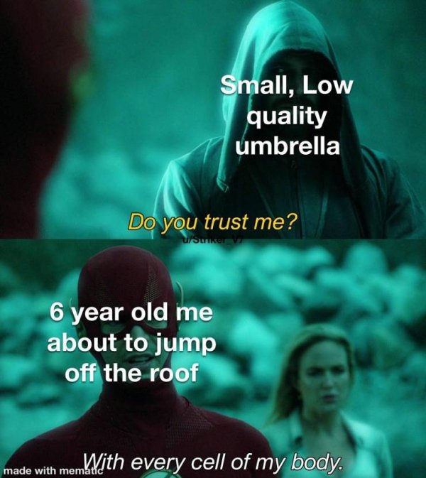 Small, Low quality umbrella Do you trust me? - 6 year old me about to jump off the roof With every cell of my body.