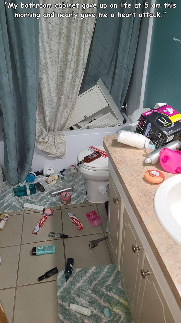 bathroom - "My bathroom cabinet gave up on life at 5 am this morning and nearly gave me a heart attack." Colgate colgate