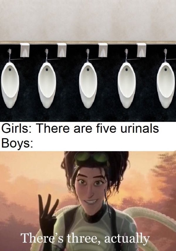 theres three actually meme - Girls There are five urinals Boys There's three, actually