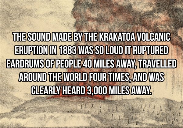 writing - The Sound Made By The Krakatoa Volcanic Eruption In 1883 Was So Loud It Ruptured Eardrums Of People 40 Miles Away, Travelled Around The World Four Times, And Was Clearly Heard 3,000 Miles Away
