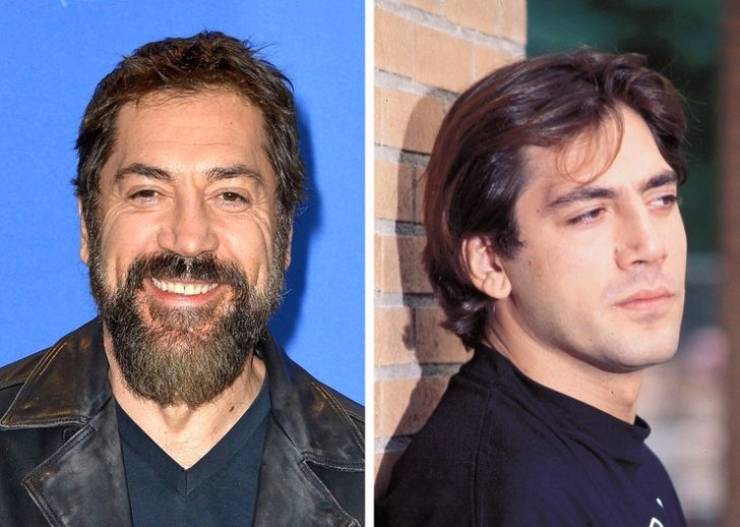 side by side images of actor Javier Bardem at 51 and 28 years old