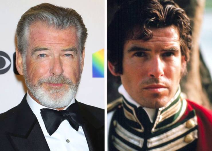 side by side images of Pierce Brosnan at 66 years old and 35 years old