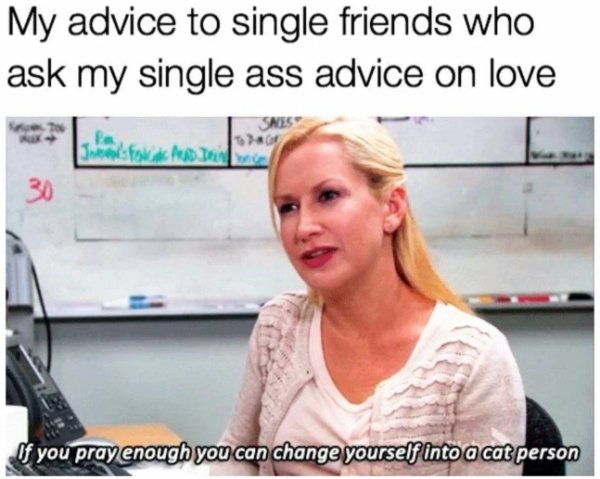 my single friend funny - My advice to single friends who ask my single ass advice on love Snes Pa 30 If you pray enough you can change yourself into a cat person