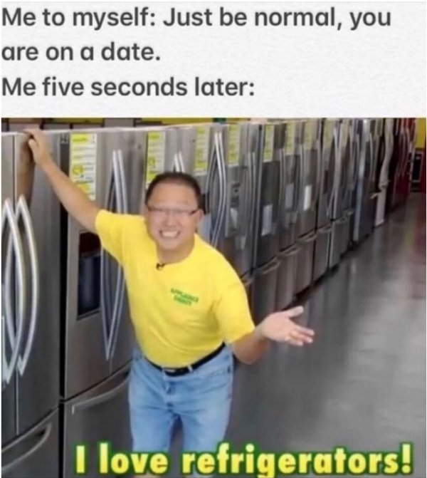 date memes - Me to myself Just be normal, you are on a date. Me five seconds later I love refrigerators!