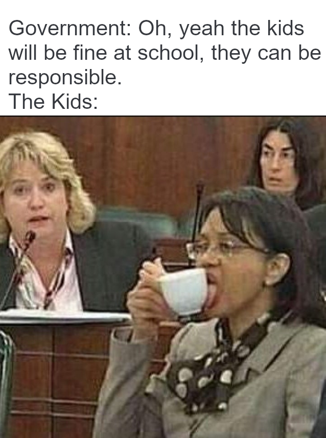 software user meme - Government Oh, yeah the kids will be fine at school, they can be responsible. The Kids