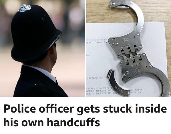 Police officer gets stuck inside his own handcuffs