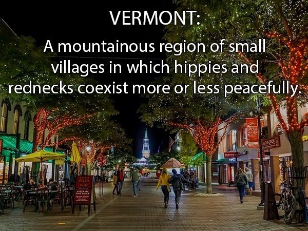 vermont city life - Vermont A mountainous region of small villages in which hippies and rednecks coexist more or less peacefully D Pu Pt. There Fe