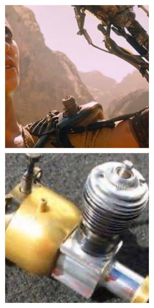 Mad Max: Fury Road (2015) -  As a sharp-eyed hobbyist points out Furiosa’s mechanical arm is powered by a model airplane engine.