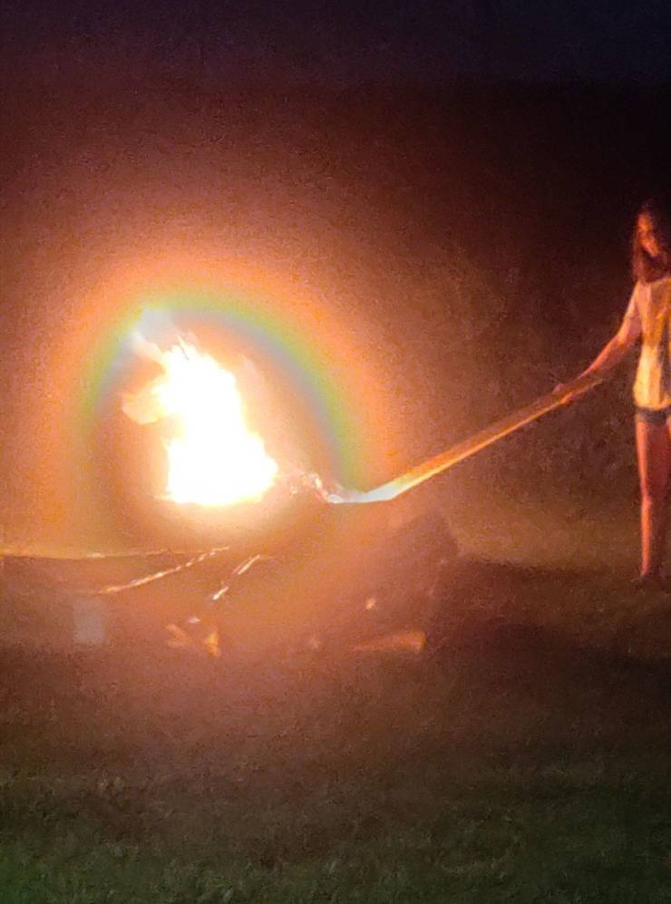 “Took a picture of my daughter lighting a campfire it appears she is summoning the spirit of a unicorn.”