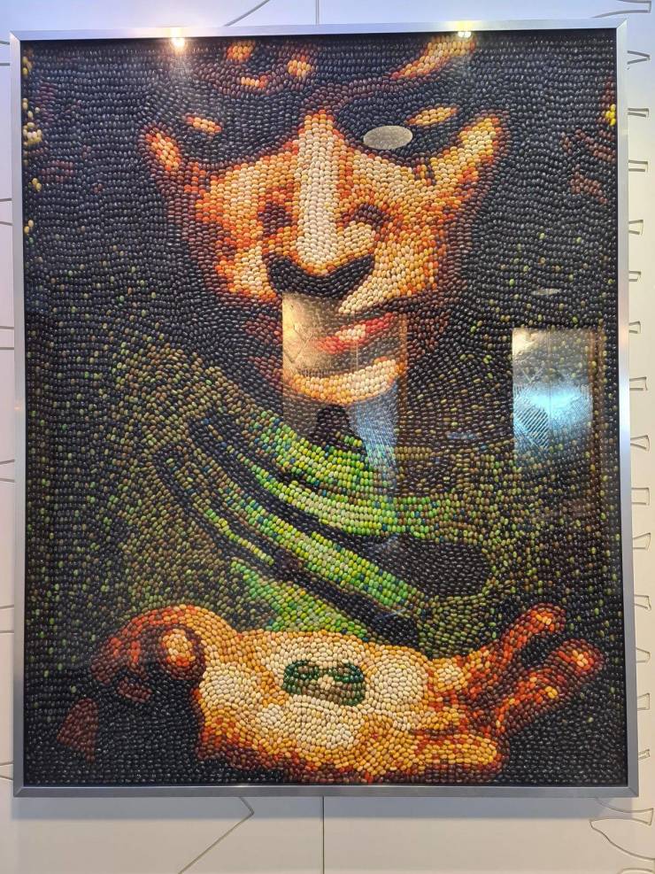 “This large Frodo Baggins framed image made completely out of jellybeans.”