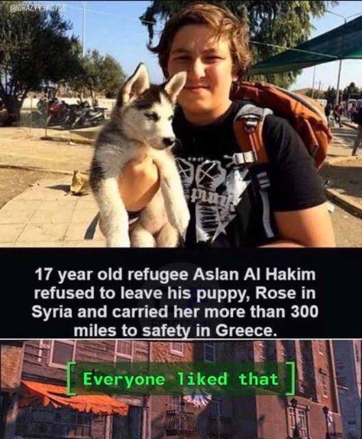 .Facts 17 year old refugee Aslan Al Hakim refused to leave his puppy, Rose in Syria and carried her more than 300 miles to safety in Greece. Everyone d that