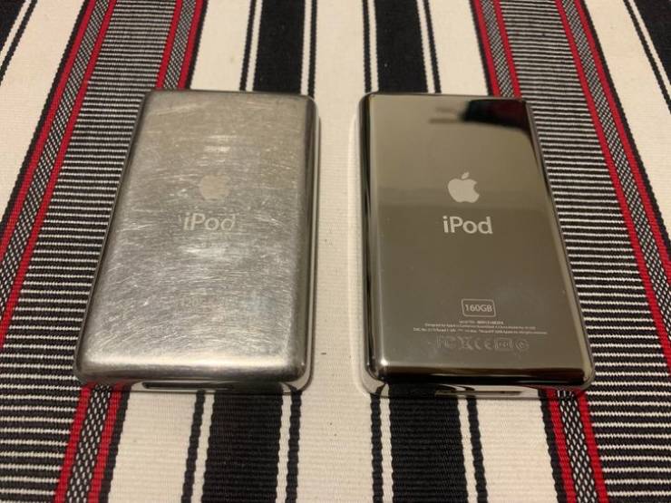 "12 year old iPod compared to a fully restored one."