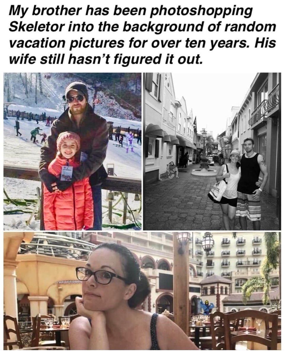 collage - My brother has been photoshopping Skeletor into the background of random vacation pictures for over ten years. His wife still hasn't figured it out. Eleol