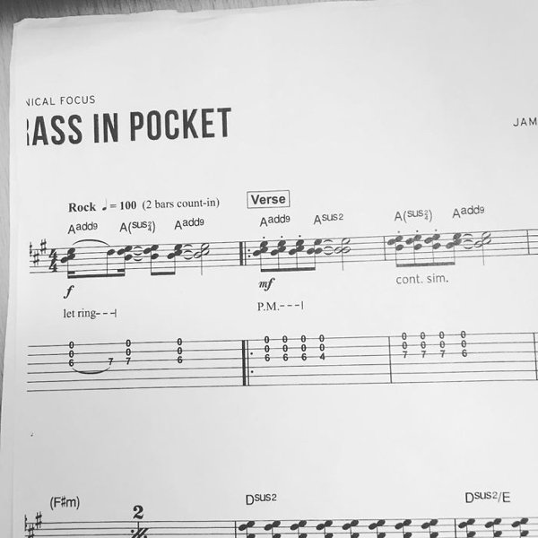 sheet music - Nical Focus Jam Ass In Pocket Verse Rock 100 2 bars countin Aadde ASusz Aadde Aadde Aadde Asus 2 Asus mf cont.sim. f let ring4 P.M.1 0 0 0 7 7 0 0 6 0 0 6 0 0 0 0 6 6 4 0 0 7 0 0 0 7 7 6 6 F Dsus2 DSUS2E Qn