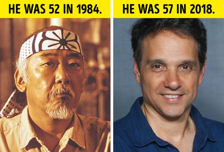 Pat Morita was 52 when he appeared in The Karate Kid. Next to him, you see Ralph Macchio, the actor who played Daniel in the trilogy, at age 57.