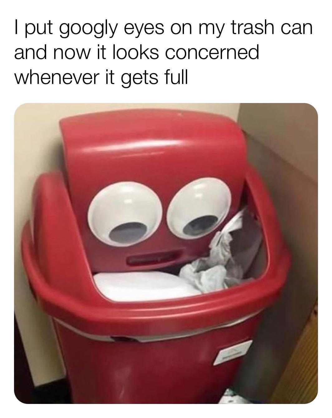 put googly eyes on my trash can - I put googly eyes on my trash can and now it looks concerned whenever it gets full