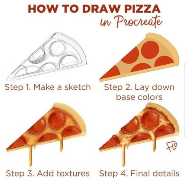 orange - How To Draw Pizza in Procreate Step 1. Make a sketch Step 2. Lay down base colors Flo Step 3. Add textures Step 4. Final details