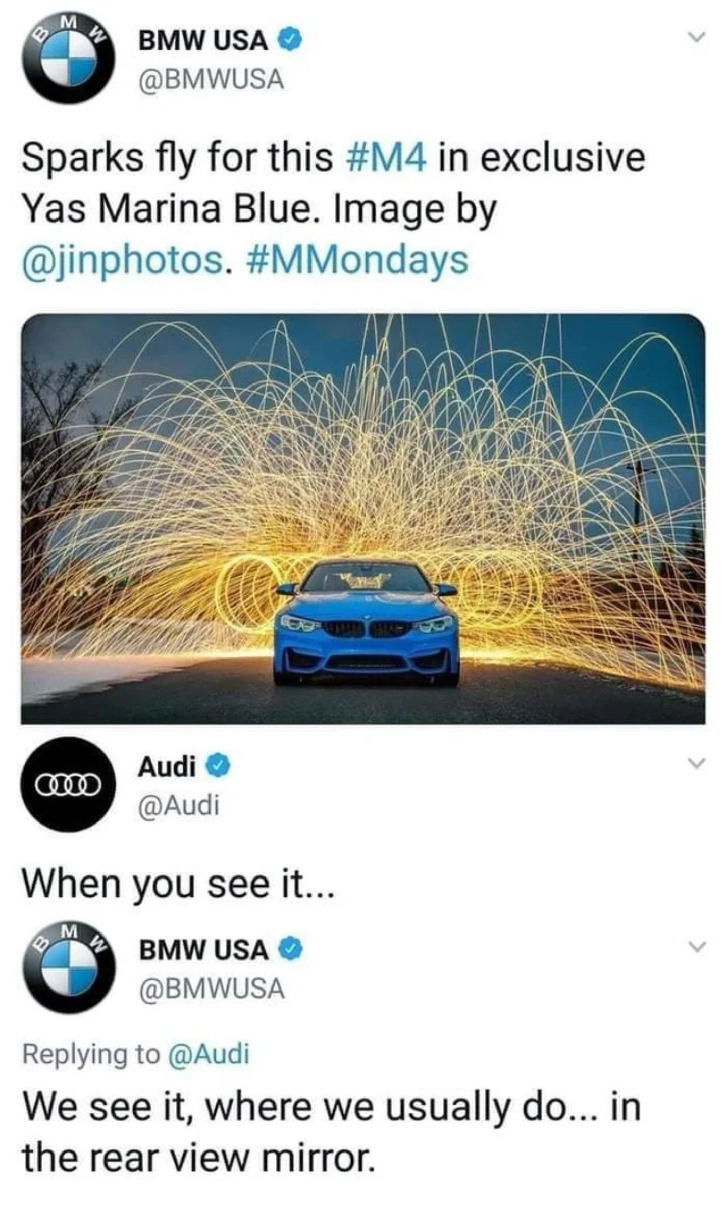 bmw memes - Bmw Usa Sparks fly for this in exclusive Yas Marina Blue. Image by . a Audi When you see it... Bmw Usa We see it, where we usually do... in the rear view mirror.