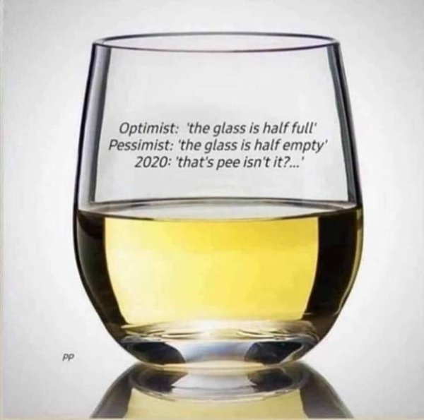 wine glass - Optimist "the glass is half full' Pessimist the glass is half empty' 2020 'that's pee isn't it?...' Pp
