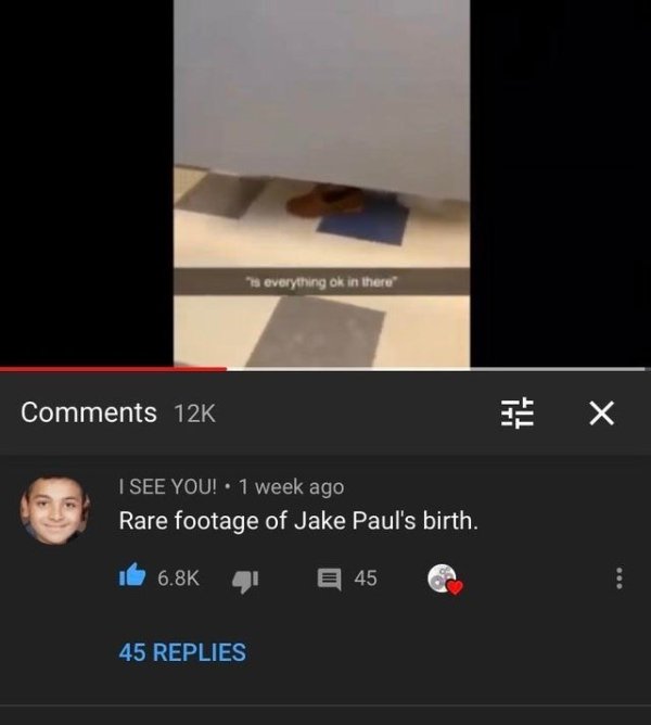 screenshot - everything ok in there 12K X I See You! . 1 week ago Rare footage of Jake Paul's birth. E 45 45 Replies
